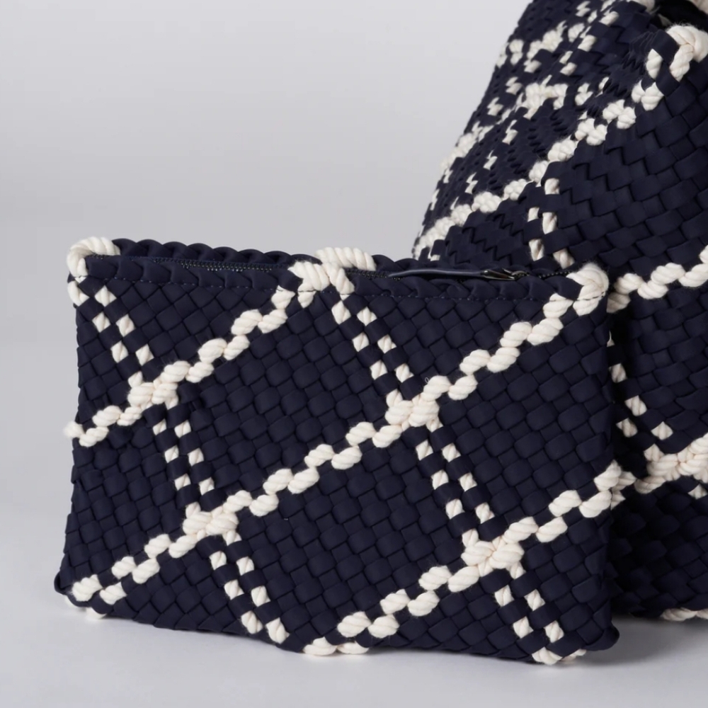 Naghedi Navy and White Woven Clutch